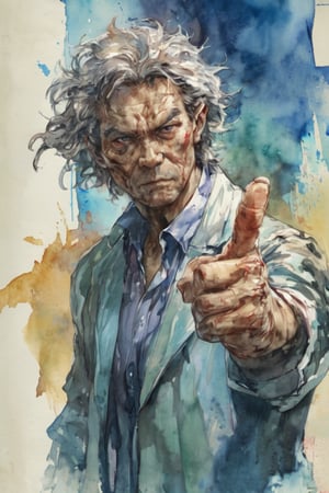 Hong Kong middle-aged man facing the camera, pointing his finger forward, with messy hair, looking fierce, clear facial expression and rough skin texture, art, painting, texture, watercolor background, concept art,