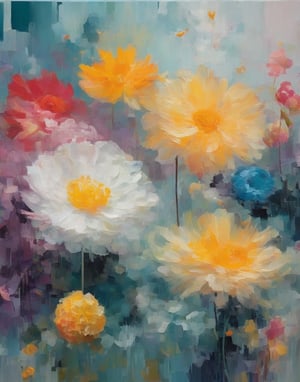 In a vibrant oil painting, delicate flowers bloom amidst a swirling vortex of translucent hues. Inspired by Nicolas de Staël's abstracted landscapes and Rubens' Baroque opulence, the petals unfurl in recursive patterns, echoing the glitches of generative art. The transparent blooms seem to hover against a misty backdrop, as if suspended within a digital realm. In this NFT, athletes Alonso, Verrattén, Ronaldo, and Messi converge with artistic masters, their likenesses woven into the flower's DNA.