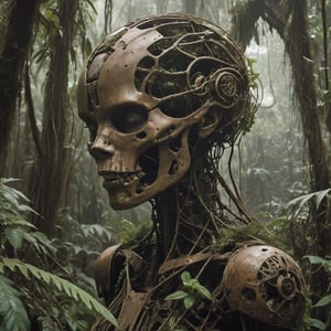 The image features a large, skeletal structure resembling a skull, covered in rust and vegetation, suggesting an abandoned or post-apocalyptic setting. The structure's mechanical details imply it could be a piece of advanced technology, possibly from a science fiction context. The presence of the woman with futuristic attire indicates that this scene is set in a world where such advanced technology exists, and the environment is consistent with a jungle or rainforest, adding to the sense of exploration and discovery. The image does not contain any real people, but rather a figure that could be interpreted as a character from a story set in a dystopian or post-apocalyptic future.
As she navigated the thick jungle, Kaida suddenly stumbled upon a gigantic robot head, remnants of a war from eons ago. The head, rusted and overgrown with vines, bore deep scars and dents, telling tales of ancient battles long forgotten.
