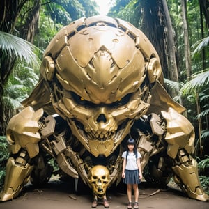 A Japan girl found a gigantic golden skull head on the ground of a   jungle.
The girl is 18yo,wear hi-tec armor.
The metal skull head is 6 meter high, is a head cutted off from a damaged robots,HKMECHA