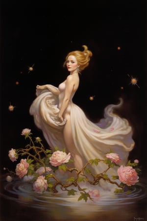 Here is a prompt for generating an image in the style of Sylvie Pasquet:

A delicate maiden with exquisite facial features and makeup adorns a palace setting. Her golden locks are tied back in a bun as she poses amidst a whirlwind of circling air flow. Exquisite peony strokes dance across her gown, which shimmers beneath soft, museum-quality lighting. The dark magic-infused atmosphere is illuminated by glowing particles, casting an ethereal glow on the black background. Water ripples seem to come alive, reflecting the fairy spirit within. A strong, high-end light source casts dramatic shadows, highlighting every intricate detail of this masterpiece.