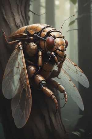 Ethereal portrait of  cicada creature with details of a robot cicada, the full robot body, brown highlights,is climb on a tree. inspired by the style of Peter Lindberg and Lee Jeffries.