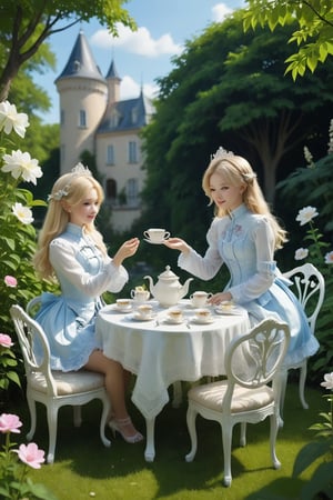 3 graces lady, tea party in the garden, mute colors, Rococo-style oil painting, scenery, hollyhocks, (masterpiece, top quality, best quality, official art, beautiful and aesthetic:1.2), extreme detailed, highest detailed, masterpiece,More Detail,Colors