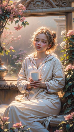 Oil painting of a girl leaning against the window sill, resting her chin on the window and looking out the window, wide open window, (outside the window, various flowers are blooming in the flower bed), very delicate and soft lighting, details, Ultra HD, 8k, animated film, girl , holding a coffee cup, sitting on the window sill, holding a cup in both hands, shaking legs,

detailed and fantastical, intricate detail, splash screen, complementary colors, fantasy concept art, 8k resolution trending on Artstation Unreal Engine 5