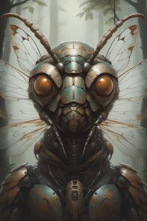 Ethereal portrait of  cicada creature with details of a cicada mecha, the full robot body, brown highlights,its limbs splayed as it ascends the towering a tree. inspired by the style of Peter Lindberg and Lee Jeffries.