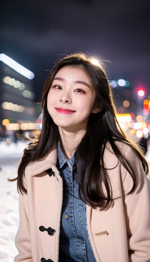 cute girl, long hair, fashion coat, pink winter coat, Jeans, standing looking up at the sky as snow is falling, winter city, cloudy, 4K, ultra HD, RAW photo, realistic, masterpiece, best quality, beautiful skin, white skin, 50mm, medium shot, outdoor, half body, photography, Portrait, ,chinatsumura, high fashion, snowflakes,laugh shy smile