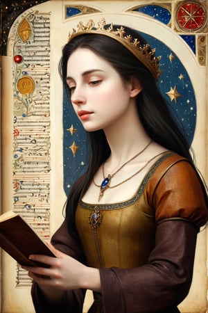 (masterpiece, top quality, best quality, official art, beautiful and aesthetic:1.2), (1girl:1.4), extreme detailed, A female astrologer transcribing information, (medieval manuscript style) mixed with Gustave Moreau's painting style,3g3Kl0st3rXL
