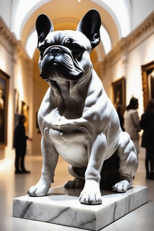 A big marble statue French bulldog display in a art gallery, the statue is 2meter high,