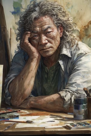 Hong Kong middle-aged man facing the camera, with messy hair, looking fierce, clear facial expression and rough skin texture, art, painting, texture, watercolor background, concept art,This man sitting at his desk, The work pressure is so great that I feel overwhelmed, I can’t bear the headache, and I’m sweating~~Ultra high definition, super realistic