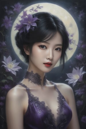 A captivating portrait of a Chinese woman with black bobbed hair, striking black eyes, and an enigmatic expression, set against a lush backdrop of night-blooming jasmine and moonflowers. The mysterious subject dons a majestic deep purple dress amidst the radiant glow of moonlight, as acrylic brushstrokes dance across the canvas in a modern gothic style.