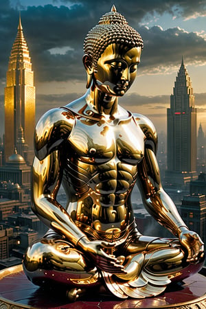 A Buddha statue  sit cross-legged on a golden lotus , full-body portrait in polished chrome skin with intricate gold and burgundy accents. Bright  eyes pierce through the darkness, illuminating a cityscape at dusk. 

Craig Mullins and H.R. Giger's character design brings forth a sense of otherworldly strength. 

Realistic digital painting captures every detail, from the armoured suit to the subject's determined pose. 

Cinematic lighting highlights the statue's figure against a misty blue-grey sky as if suspended in mid-air.
 A 4K resolution masterpiece, this portrait embodies the essence of superheroism., Handsome boy