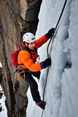 A close-up shot from an overhead perspective shows an ice climber making a challenging climb. Hanging from a steep ice wall, surrounded by solid rock and ice. Use an ice ax to hold on to the ice, hold on to the rock cracks with your hands, and climb on the narrow cliffs with your feet. He was wearing an orange-red shirt, dark trousers, and a white safety helmet. The background was a world covered with ice and snow. The rock walls were covered with snow, which made him look extremely dangerous and spectacular.