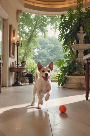 A Jack Russell Terrier's joyful playfulness fills the grand hall of a French palace, as it enthusiastically chases after a toy amidst soft, warm light. Framed by lush greenery and ornate architecture, the wide-angle shot captures the tranquil atmosphere of the palace garden, where the dog's carefree energy harmonizes with its serene surroundings.