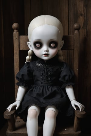Chinese (white porcelain) doll with a cracked face and limbs sitting on an old wooden rocking chair in a cabin, black hair, detailed evil eyes, black goth dress, haunting lighting effect, detailed, cinematic, atmospheric, digital painting, eerie atmosphere, character design by Jasmine Becket-Griffith and Mark Ryden, gothic style, 4k resolution, (pale albino skin:1.4), (glass skin textures), (night:1.4), (dark:1.4), (moonlit:1.4), (dark skies:1.4)