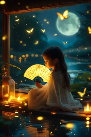 A cute girl use a small silk fan  flutters at the flowing fireflies.

Autumn night  is as cool as water at night,
Lie down and watch Altair and Vega.

Bright candles and autumn lunar light paint the screen coldly,
