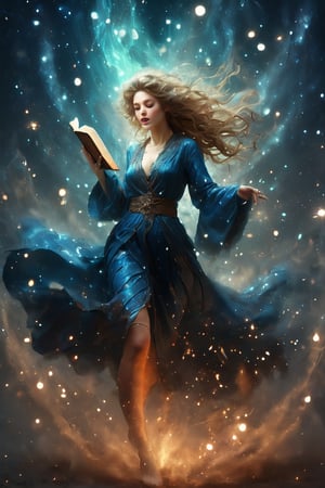 A beautiful witch wearing deep blue robe, reading a grimoire in a starry night, in an enchanting forest,green fire are dance over the book, surrounded by mystical atmosphere and magical ambiance,  glitters, glowing particles, misty. (masterpiece, top quality, best quality, official art, beautiful and aesthetic:1.2)