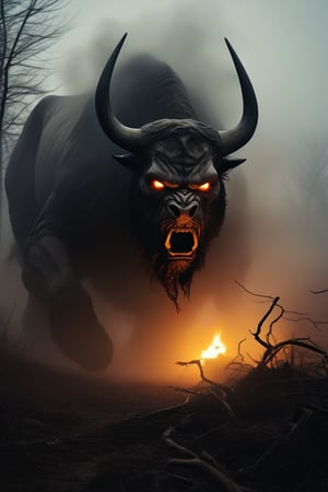 In a mist-shrouded, desolate landscape, a decrepit creature's with a Bull Demon like face, attacking  the ground. 

The camera captures the macabre dance, framed by flickering torchlight that casts eerie shadows on the surrounding terrain.