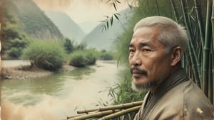   An Chinese man with a beard and white hair opens his eyes and looks ahead. 
  Behind him is a landscape of mountains and rivers and looming bamboo trees.
  The figure is on the right of the composition.
  Overall bright small fresh style. Photo texture