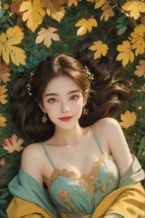 A 28-year-old brunette supermodel lies on ground effortlessly amidst the vibrant yellow leaves of a ginkgo tree,
She has  brown hair and a grin, lying on so many layer of those leaves, with her arms spread out she put her head on . She is wearing a  dress with floral patterns.her short bob hair styled with bangs framing her heart-shaped face. Her striking pale black eyes gaze directly at the viewer, surrounded by thick eyelashes and defined eyebrows. A subtle lip gloss enhances her  beautiful smile, 

 The background is a park. Many  trees around her. The overall image has a Autumn mood .,dingxianghua