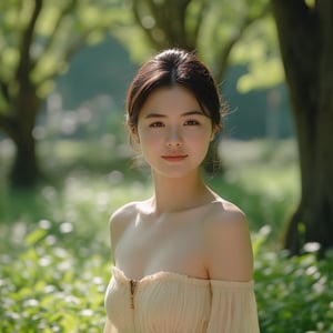 portrait photography, A beautiful HongKong young lady in the park, smile, Olympus E300, 70mm, f=2.2, Soft, Rembrandt, eye-level, high, no close-up, Award winning photography, UItra HD picture,Midjourney_Whisper,Asian