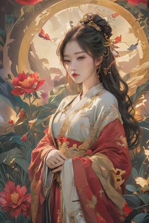 A girl, asian, wearing deep red hanfu, peony garden, butterfly, (negative space:1.4), fusion of art nouveau styles with gongbi painting, gold and white and red hue, Mucha style, 
(Cinematic lighting, ethereal light, intricate details, extremely detailed, incredible details, full colored), complex details, hyper maximalist, gorgeous light and shadow, detailed decoration, detailed lines. masterpiece, best quality, HDR, UHD, unreal engine. looking at the camera, fair skin, beautiful face,Colors