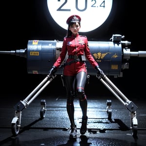 2024 Weapon Exhibition. a taiwanese beautiful soldier presenting a super tank with eight mechanical legs based on a spider legs in a podium. 
she wear a military uniform when make a presentation in front of the audience,girl,pistol, super tank, eight mechanical legs.