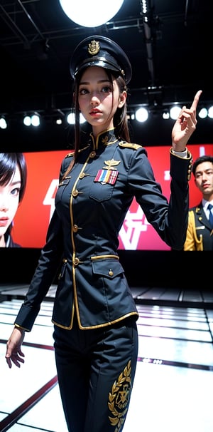 2024 Weapon Exhibition. a taiwanese beautiful soldier presenting a super tank with eight mechanical legs based on a spider legs in a podium. she wear a military uniform when make a presentation in front of the audience,girl,pistol