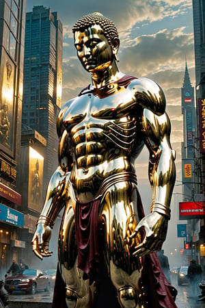 A Buddha statue  stands tall, full-body portrait in polished chrome skin with intricate gold and burgundy accents. Bright  eyes pierce through the darkness, illuminating a cityscape at dusk. 

Craig Mullins and H.R. Giger's character design brings forth a sense of otherworldly strength. 

Realistic digital painting captures every detail, from the armoured suit to the subject's determined pose. 

Cinematic lighting highlights the statue's figure against a misty blue-grey sky as if suspended in mid-air.
 A 4K resolution masterpiece, this portrait embodies the essence of superheroism., Handsome boy