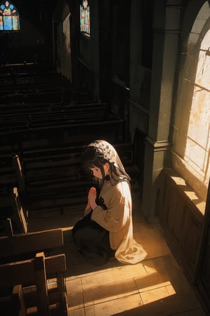 1 girl pray in a old chapel , the sky open and  beautiful light come from above, peaceful and joyful.