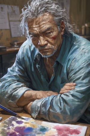 Hong Kong middle-aged man facing the camera, pointing his finger forward, with messy hair, looking fierce, clear facial expression and rough skin texture, art, painting, texture, watercolor background, concept art,This man sitting at his desk, The work pressure is so great that I feel overwhelmed, I can’t bear the headache, and I’m sweating~~Ultra high definition, super realistic