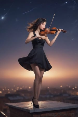 ((masterpiece, quality, wide photo angle)), 1 girl, standing on the roof of a building, solo, Vintage hairstyle, black hair, dress, sleeveless, black dress, high heels, sleeveless dress, instrument, ((playing violin1.3)), real hands, night, stars, wind blows