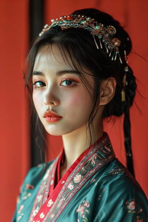 4k,best quality,masterpiece,20yo 1girl,(traditional Korean costume, alluring smile, head ornaments 

(Beautiful and detailed eyes),
Detailed face, detailed eyes, double eyelids ,thin face, real hands, muscular fit body, semi visible abs, ((short hair with long locks:1.2)), black hair, black background,


real person, color splash style photo,
