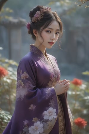A girl, wearing deep purple hanfu, peony garden, butterfly, (negative space:1.4), fusion of art nouveau styles with gongbi painting, gold and white and red hue, Mucha style, (Cinematic lighting, ethereal light, intricate details, extremely detailed, incredible details, full colored), complex details, hyper maximalist, gorgeous light and shadow, detailed decoration, detailed lines. masterpiece, best quality, HDR, UHD, unreal engine. looking at the camera, fair skin, beautiful face,Colors

