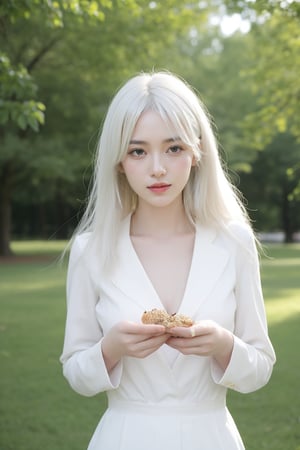 Nice, english girl, 16yo, white hair, B cup, regular breasts, long hair, fully_dressed, shy, in a park, feeding some birds around