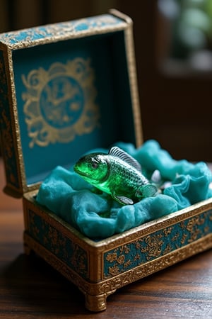 A traditional Chinese brocade box is opened, with a koi fish carved from emeralds supported by blue silk fabric.,Hanfu, KOLNB