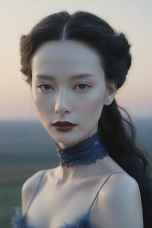 woman with very pale skin, and tall big forehead and white eyebrows, Tilda Swinton facial features, black long hair and dark deep royal blue lipstick, no eye makeup, face looking down and right slightly to the side, with closed eyes, expression of sadness on her face, her hair merges with a flock of ravens, wearing dark blue flowy scarf the same color as lipstick, knee up portrait, dynamic pose, set against pale sunset in Ireland landscape, cool light --ar 2:3  