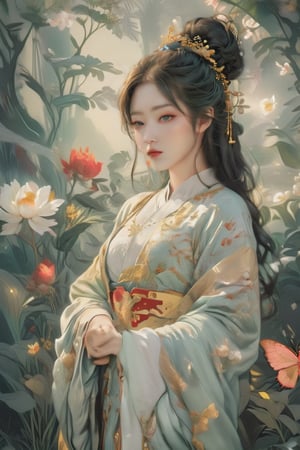 A girl, asian, wearing light green hanfu, peony garden, butterfly, (negative space:1.4), fusion of art nouveau styles with gongbi painting, gold and white and red hue, Mucha style, 
(Cinematic lighting, ethereal light, intricate details, extremely detailed, incredible details, full colored), complex details, hyper maximalist, gorgeous light and shadow, detailed decoration, detailed lines. masterpiece, best quality, HDR, UHD, unreal engine. looking at the camera, fair skin, beautiful face,Colors