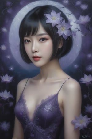 A portrait of a mysterious Chinese woman with black hair in a bob cut, piercing black eyes, and a thoughtful expression, wearing a deep purple dress among night-blooming jasmine and moonflowers. This nocturnal setting captures a serene, mystical aura with acrylics on canvas in a modern gothic style, featuring moonlight shading and ethereal glow. 