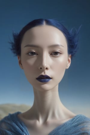 woman with very pale skin, and tall big forehead and white eyebrows, Tilda Swinton facial features, black long hair and dark deep royal blue lipstick, no eye makeup, face looking down and right slightly to the side, with closed eyes, expression of sadness on her face, her hair merges with a flock of ravens, wearing dark blue flowy scarf the same color as lipstick, knee up portrait, dynamic pose, set against pale sunset in Ireland landscape, cool light --ar 2:3 