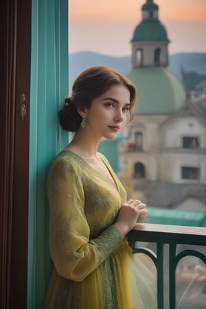 The central figure is a pretty girl standing in forent, wearing a long, form-fitting yellow dress. She has brown hair styled in a vintage updo,   a photocopy, aestheticism, The girl is positioned in front of a large window with green trim. Through the window, we can see buildings outside, indicating an urban setting , masterpiece, high quality, highres, absurdres, high details, 8k, HDR,raw photo,realistic, bokeh, shallow depth of field, beautiful eyes, high detail eyes, beautiful face, high detail face, high detail skin, beautiful hands, beautiful fingers, beautiful eyelashes, fingernails,  light smile