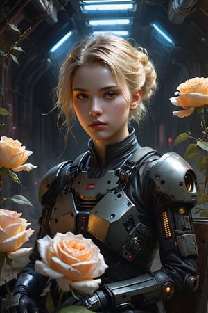 In a dimly lit, rustic sketchbook style, a young, beautiful Goth girl with blonde hair and delicate features sits amidst a backdrop of roses. Her striking eyes seem to pierce through the darkness as she gazes directly at the viewer. She wears a cyberpunk spacecraft pilot suit, adorned with mecha elements, conveying a sense of strength and vulnerability. The sketch is characterized by bold, dark lines and loose, expressive strokes, blending seamlessly with the smooth and crisp texture of the watercolor paper. Natural light casts an eerie glow, accentuating the dynamic atmosphere.