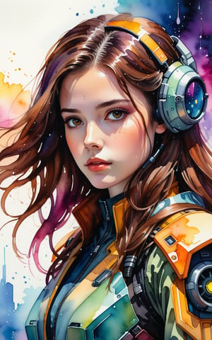 A contemplative young woman with long, brown locks and a subtle mole above her lip gazes directly at the viewer from a solo frame. Her closed mouth conveys a sense of introspection as she stands in front of a vibrant,
She wears a cyberpunk spacecraft pilot suit, adorned with mecha elements, conveying a sense of strength and vulnerability. 
 watercolor-inspired backdrop featuring abstract splashes of color, evoking the gentle patter of raindrops.