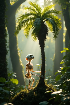 A whimsical scene: A young skeleton-cat, its bony structure starkly visible beneath translucent skin, under a small palm tree, perched precariously among lush verdure. Soft, warm light bathes the duo, casting gentle shadows on the forest floor. Tall trees tower above, their canopies a vibrant green, while the monkey's skeletal form seems to defy gravity.