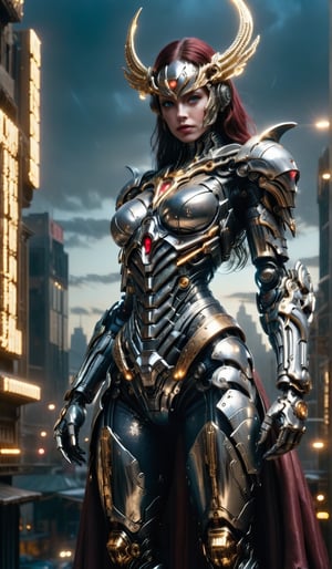  Aphrodite  stands tall, full-body portrait in polished chrome armor with intricate gold and burgundy accents. blue eyes pierce through the darkness, illuminating a cityscape at dusk. Craig Mullins and H.R. Giger's character design brings forth a sense of otherworldly strength. Realistic digital painting captures every detail, from the armored suit to the subject's determined pose. Cinematic lighting highlights the hero's figure against a misty blue-gray sky, as if suspended in mid-air. A 4K resolution masterpiece, this portrait embodies the essence of futuristic super heroism.,robot,DonM3l3m3nt4lXL,DonM3lv3nM4g1cXL,FilmGirl,glitter,kabuki