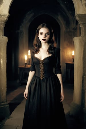 analog photo, a cute girl, 15 years old, brown hair, pale skin, 1300s (style), vintage, faded film, (film grain),  full_body view, formal dressing,  vampire with fangs,  in a old castle, late evening, holding a candle, beautiful deatailed shadow,dust,tyndall effect,hyperdetalization,