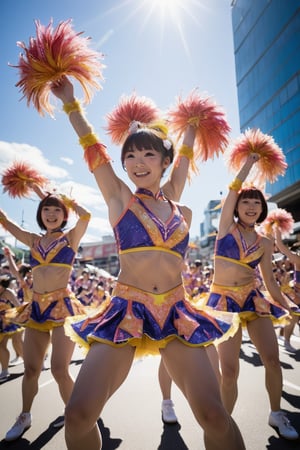 A Japan Sweet cheerleading team, dressed in vibrant, intricately designed uniforms, performs a high-energy dance routine within a bustling city square. The atmosphere is electric as they cheer on the finishers of a prestigious bicycle race, their dynamic poses and synchronized movements drawing in the crowd. Against a bright blue sky with fluffy white clouds, the team's radiant smiles and bold makeup shine like beacons. Photorealistic details capture every texture, from the uniforms' sparkly fabric to the cyclists' sweat-drenched jerseys.