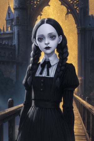 Real Photos, 8K, Highly Detailed, Famous Lady Series Characters About Wednesday Addams (20 year old, from addams family movies, twin black braids, hazel eyes, pale skin) , There Is A Big Dressed Gothic Dress, Masterpiece Cinematic Art, Motion Capture, Standing on the Bridge, Looking Out Into the Distance, Golden Glitter, Castle