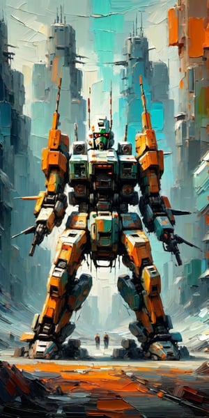 "The overall effect is a blend of impressionism and abstraction, creating a rich, immersive setting that complements the selective focus on a military gundam robot  hovering in the air. The scene should feature an impressionist selective focus on the drone. In contrast, the background should transition into an abstract, painterly environment. The atmosphere should be hazy and diffuse, contributing to an ethereal and somewhat dystopian feel. Indistinct forms and shapes in the background should suggest an accident, possibly people, rendered in a loose, impressionistic style to emphasize mood and atmosphere over detailed realism. Use a muted Cinematic Palette with cooler tones such as blues, teals, and orange to create depth and atmosphere. Use muted shades of earthy tones to depict worn, weathered and aged appearances. Use muted accents like rusty orange-yellows, and rusty teals to highlight tiny areas and add visual interest. Use this blend of subdued and bold colors to emphasize the gritty nature of the scene.",palette knife painting