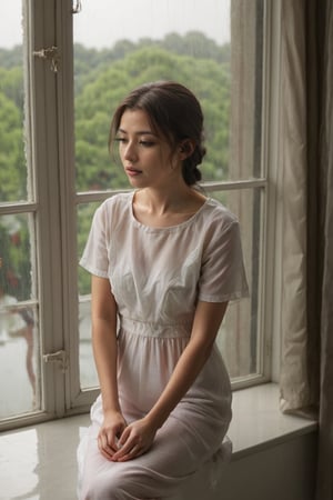 A young girl sitting beside a window.
Capturing a peaceful moment of contemplation and tranquility amidst the rain.