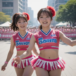 A Korean Sweet cheerleading team,18yo young girls, dressed in vibrant,with pompon, intricately designed uniforms, performs a high-energy dance routine within a bustling city square. The atmosphere is electric as they cheer on the finishers of a prestigious bicycle race, their dynamic poses and synchronized movements drawing in the crowd. Against a bright blue sky with fluffy white clouds, the team's radiant smiles and bold makeup shine like beacons. Photorealistic details capture every texture, from the uniforms' sparkly fabric to the cyclists' sweat-drenched jerseys.,JP_r_g, realistic, photorealistic, asian face